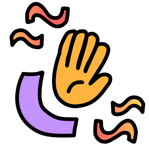 A yellow hand outlined in black sits at an angle. On the right near the top of the hand, and again on the left near the bottom, are two squiggles that grade from pink to yellow. Below the hand and following its curve, is a purple, upside down, arch.